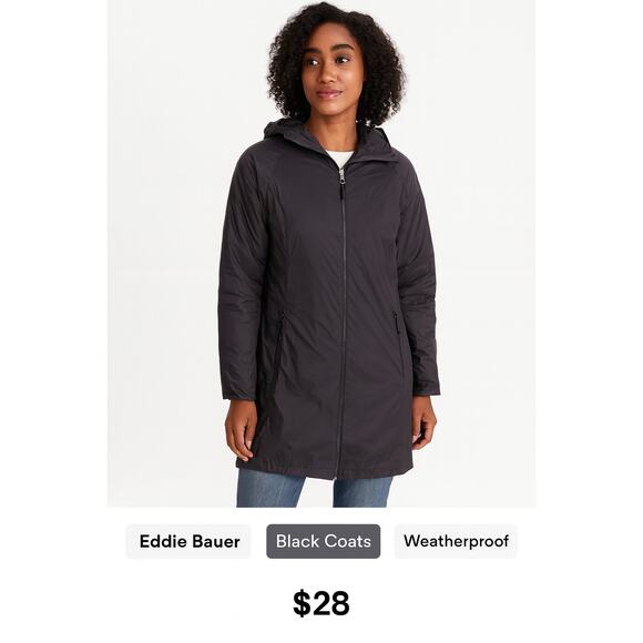 Eddie Bauer Black Weatherproof Down Jacket Hooded Lightweight Coat - Picture 1 of 7